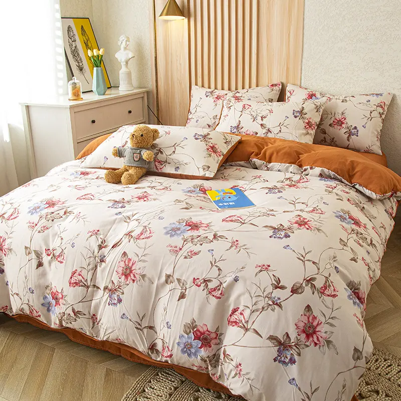 Pastoral Plant Flower Print Bedding Set Skin-Friendly Colorfast Quilt Sets for Autumn Home Bedroom Dormitory Fitted Sheet Kit