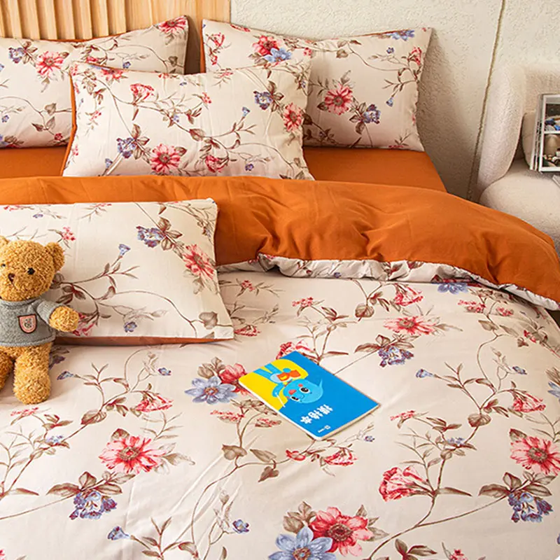 Pastoral Plant Flower Print Bedding Set Skin-Friendly Colorfast Quilt Sets for Autumn Home Bedroom Dormitory Fitted Sheet Kit