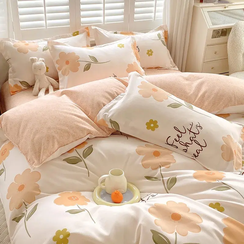 Skin-Friendly Twill Fabric Bed Sheet Four Piece Set Ab Double-Sided Color Blocking Bedding Sets Flower Printed Quilt Cover