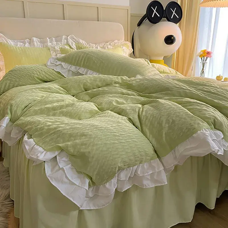 4Pc Korean Double-Layer Lace Bubble Cotton Quiltt Set Skin Friendly Bed Sheets for Home Washable Solid Color Bed Cover