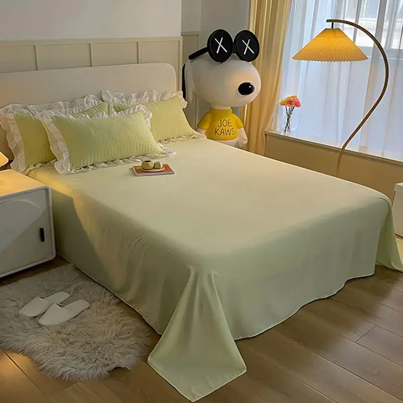 4Pc Korean Double-Layer Lace Bubble Cotton Quiltt Set Skin Friendly Bed Sheets for Home Washable Solid Color Bed Cover