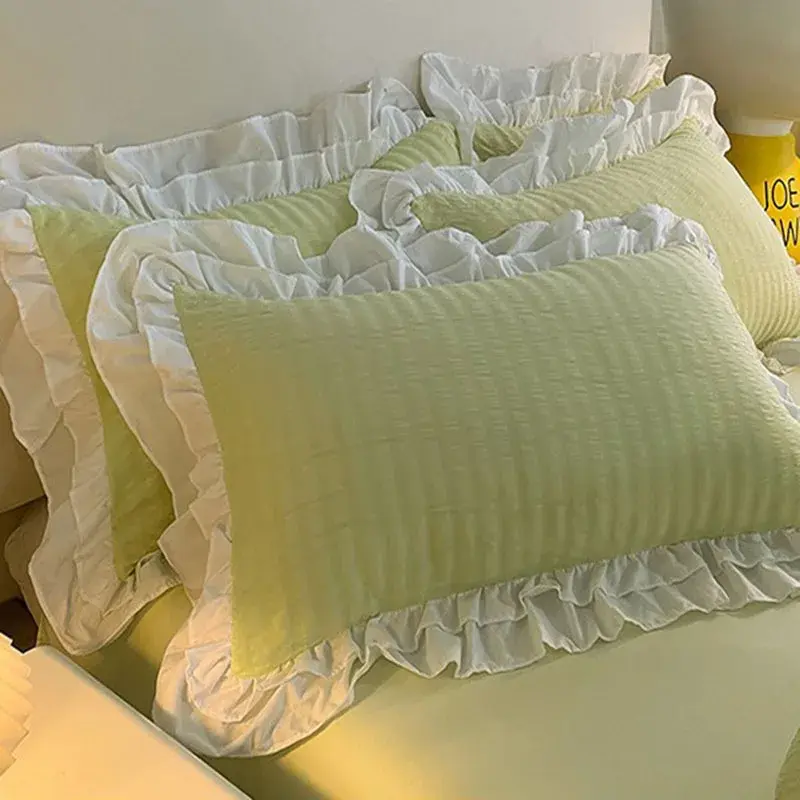4Pc Korean Double-Layer Lace Bubble Cotton Quiltt Set Skin Friendly Bed Sheets for Home Washable Solid Color Bed Cover