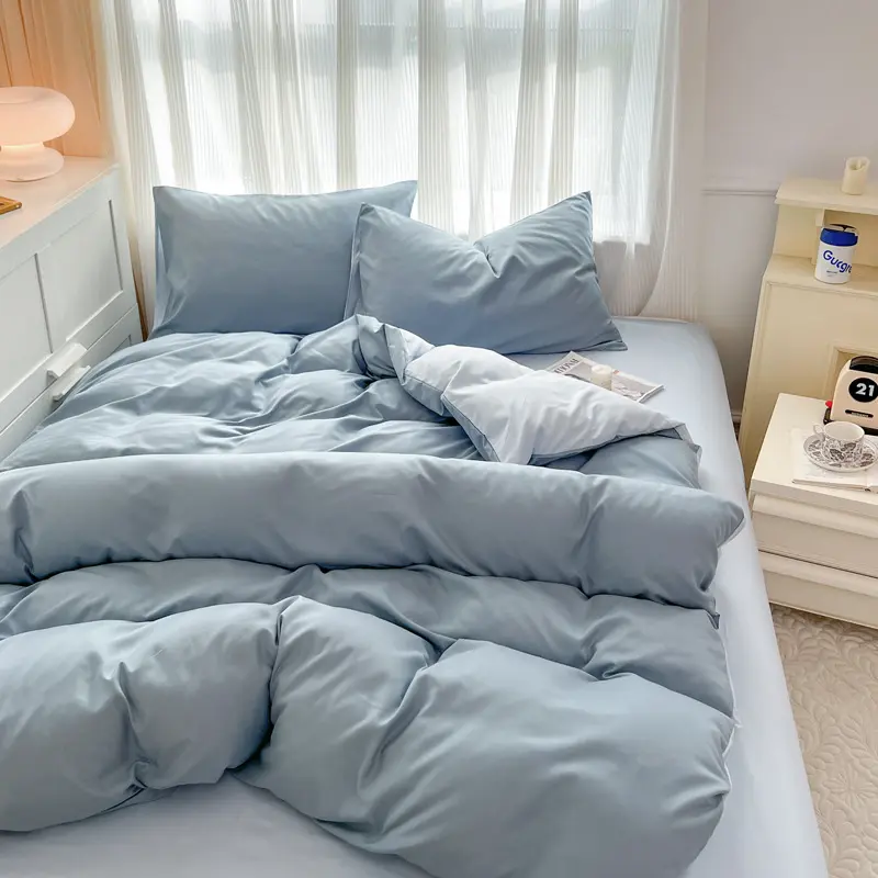 Simple Solid Color Super Soft Bed Set Washed Quilt Cover, Bedsheet, Pillowcases Summer Single Double Bedding Sets for Bedroom