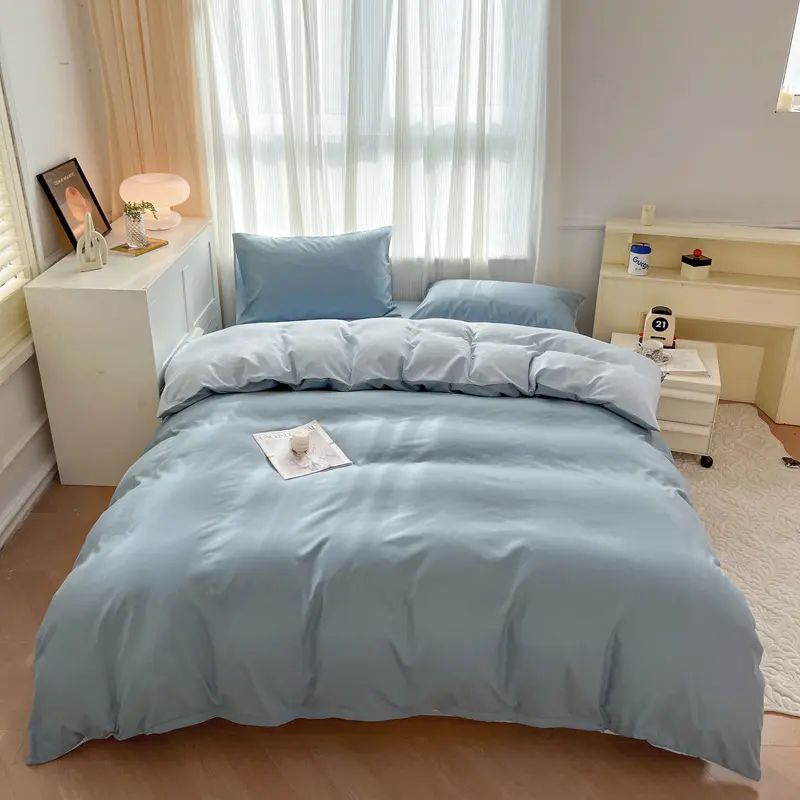 Simple Solid Color Super Soft Bed Set Washed Quilt Cover, Bedsheet, Pillowcases Summer Single Double Bedding Sets for Bedroom
