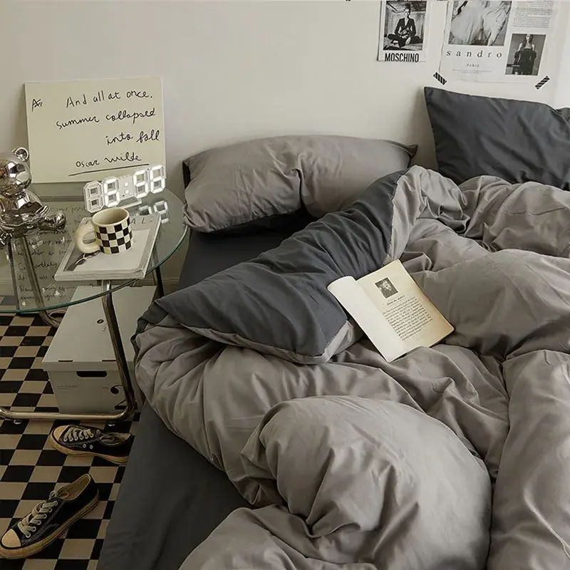 Fashion Solid Color Bed Sheet Style Duvet Cover Set Ab Double-Sided Color Matching Comfortable Sets Washed Cotton Bedding