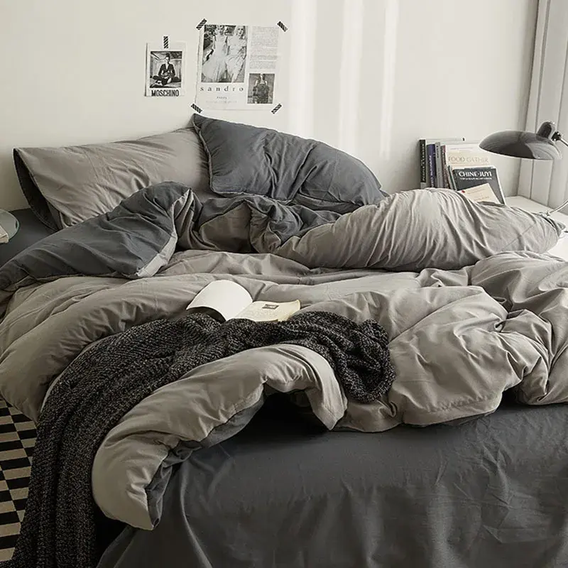 Fashion Solid Color Bed Sheet Style Duvet Cover Set Ab Double-Sided Color Matching Comfortable Sets Washed Cotton Bedding