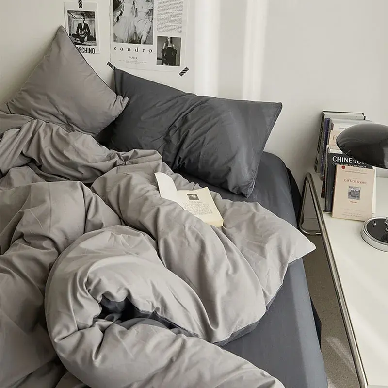 Fashion Solid Color Bed Sheet Style Duvet Cover Set Ab Double-Sided Color Matching Comfortable Sets Washed Cotton Bedding