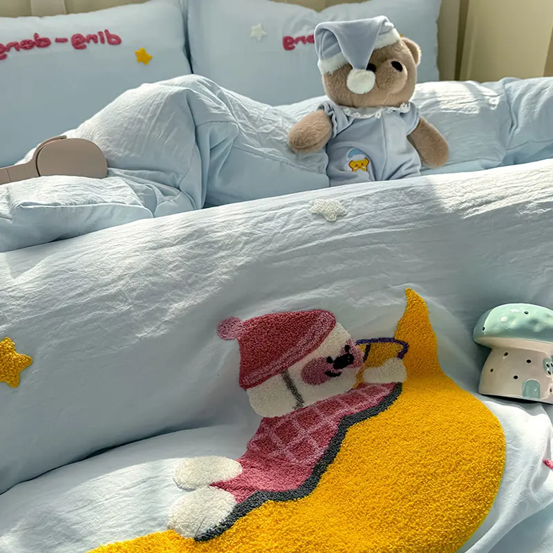 Cartoon Towel Embroidery Bedding Sets Skin-Friendly Cozy Bedsheet Duvet Cover Pillowcases Queen Double Bedclothes for Summer