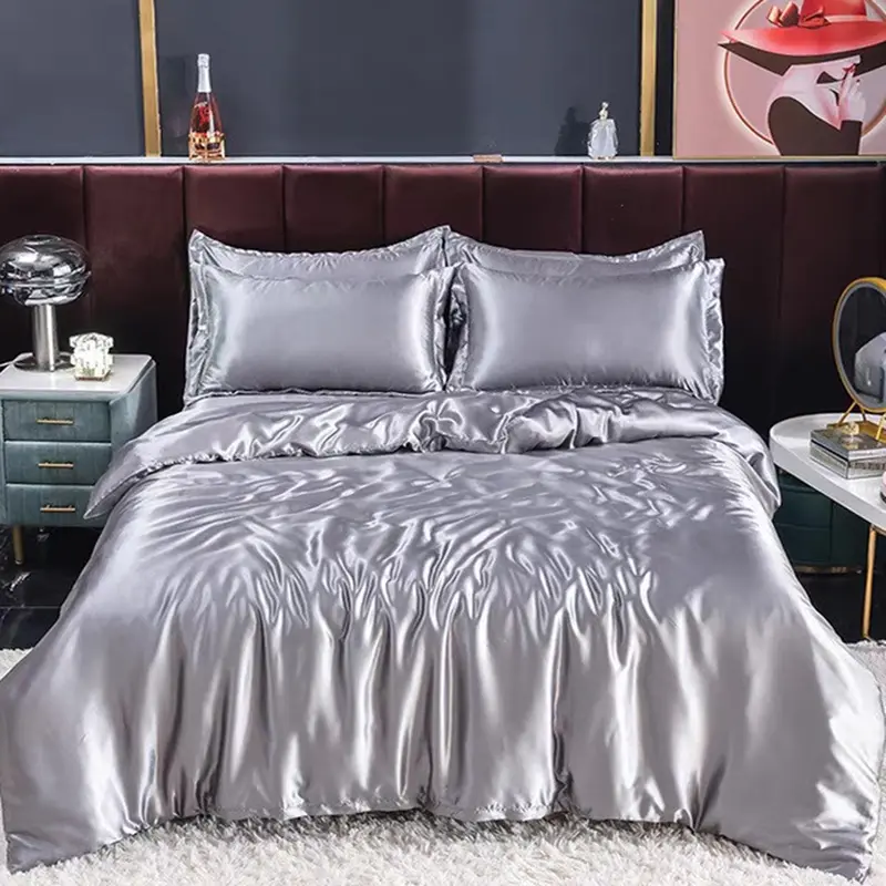 Summer Grey Rayon Silk Bedding Sets Satin Smooth Sleeping Naked Comforter Set Solid Color Washed Non Fading Soft Duvet Cover Kit