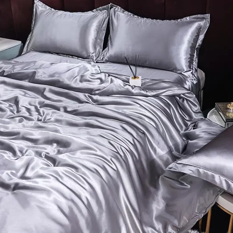 Summer Grey Rayon Silk Bedding Sets Satin Smooth Sleeping Naked Comforter Set Solid Color Washed Non Fading Soft Duvet Cover Kit