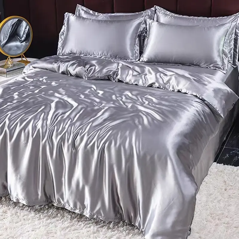 Summer Grey Rayon Silk Bedding Sets Satin Smooth Sleeping Naked Comforter Set Solid Color Washed Non Fading Soft Duvet Cover Kit