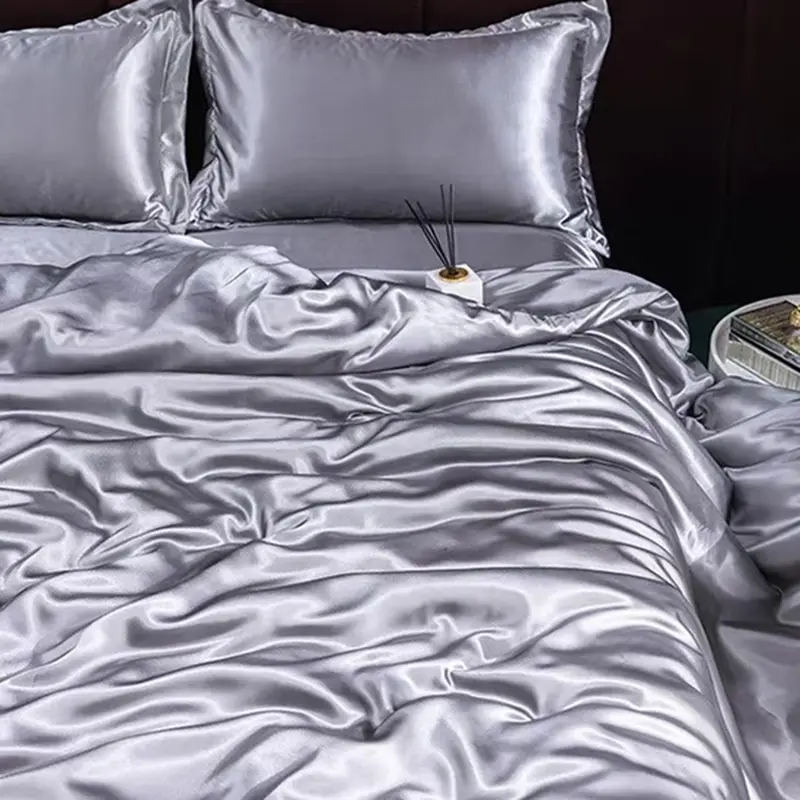 Summer Grey Rayon Silk Bedding Sets Satin Smooth Sleeping Naked Comforter Set Solid Color Washed Non Fading Soft Duvet Cover Kit