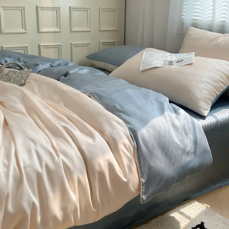 4Pcs A-Class Ice Silky Solid Bedding Set Washed Coolness Satin Smooth Quilt Set Soft Comfortable Bedclothes for Summer