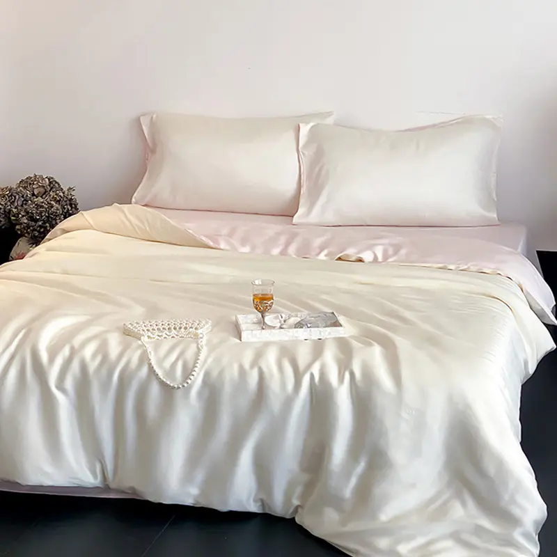 4Pcs A-Class Ice Silky Solid Bedding Set Washed Coolness Satin Smooth Quilt Set Soft Comfortable Bedclothes for Summer