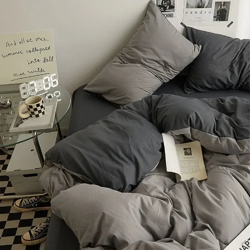 Simple Double-Sided Color Blocked Bed Sheet Set Solid Color Skin Friendly Duvet Cover Set 4-Piece Set Premium Cotton Fabric Bed