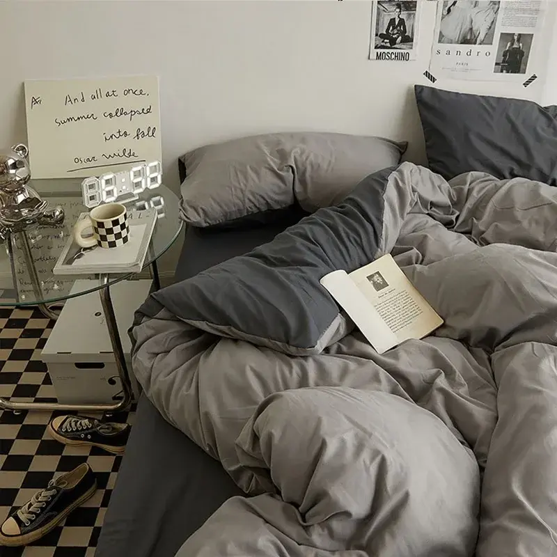 Simple Double-Sided Color Blocked Bed Sheet Set Solid Color Skin Friendly Duvet Cover Set 4-Piece Set Premium Cotton Fabric Bed