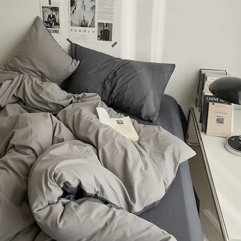 Simple Double-Sided Color Blocked Bed Sheet Set Solid Color Skin Friendly Duvet Cover Set 4-Piece Set Premium Cotton Fabric Bed