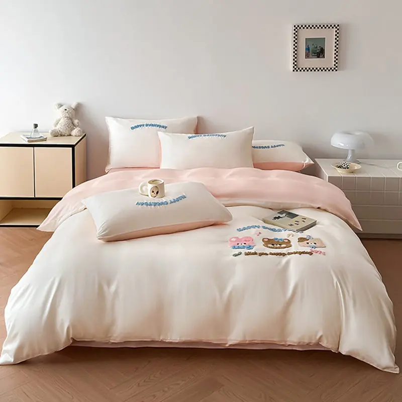New Cartoon Towel Embroidered Tencel Bedding Sets Ice Silk Cooling Bare Sleeping Quilt Set Summer Cozy Bedclothes for Home
