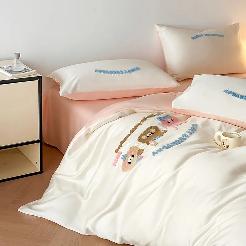 New Cartoon Towel Embroidered Tencel Bedding Sets Ice Silk Cooling Bare Sleeping Quilt Set Summer Cozy Bedclothes for Home