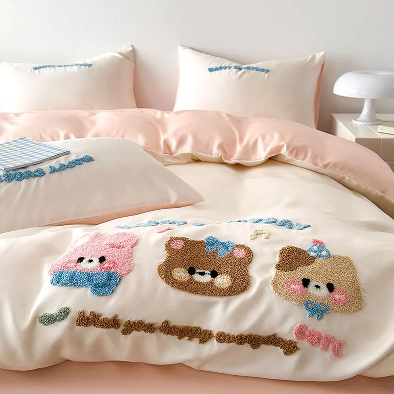 New Cartoon Towel Embroidered Tencel Bedding Sets Ice Silk Cooling Bare Sleeping Quilt Set Summer Cozy Bedclothes for Home