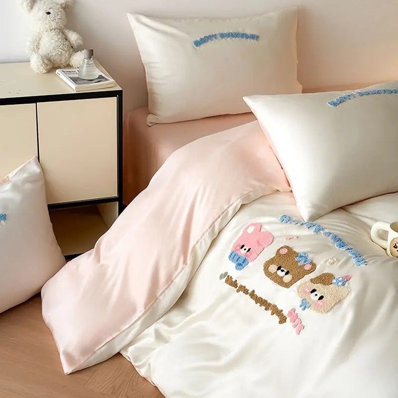 New Cartoon Towel Embroidered Tencel Bedding Sets Ice Silk Cooling Bare Sleeping Quilt Set Summer Cozy Bedclothes for Home