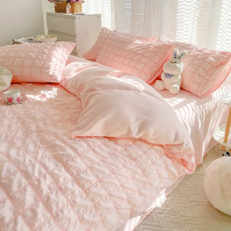 Girls Bubble Gauze Bedding Set Summer Cooling Soft Comforter Cover Kit Solid Color Skin Friendly Sleeping Naked Bedclothes