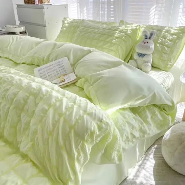 Girls Bubble Gauze Bedding Set Summer Cooling Soft Comforter Cover Kit Solid Color Skin Friendly Sleeping Naked Bedclothes