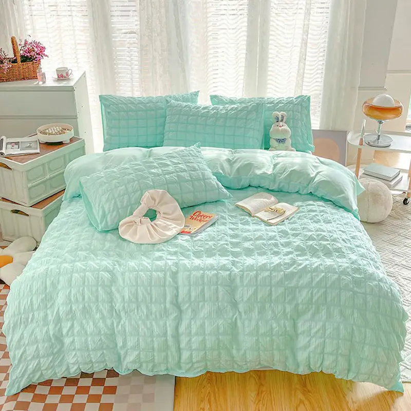 Girls Bubble Gauze Bedding Set Summer Cooling Soft Comforter Cover Kit Solid Color Skin Friendly Sleeping Naked Bedclothes