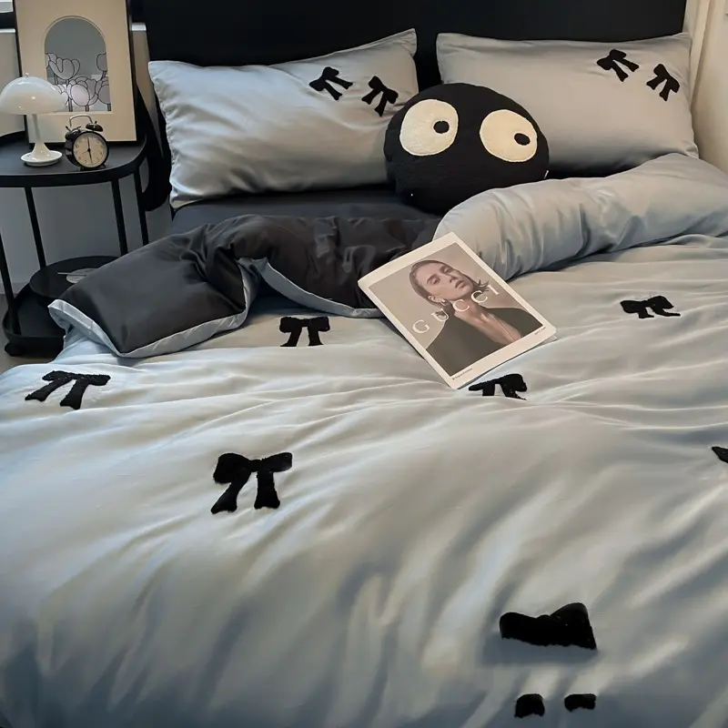Nordic Style Rayon Silk Bow Embroidery Bedding Sets Ice Silk Duvet Covers Bed Sheet Pillowcases Queen/king Bedclothes for Summer