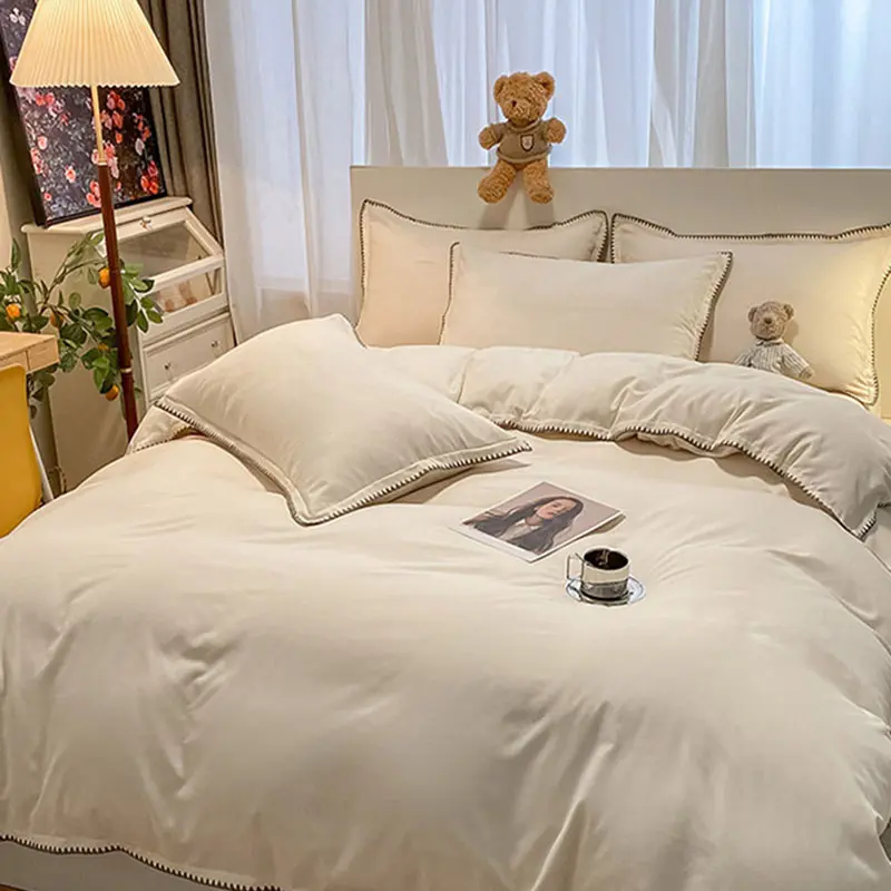 Solid Color Simple Bed Set with Shell Edge Class A Soft and Skin Friendly Not Fading Bedclothes Single Queen Size Bedding Sets