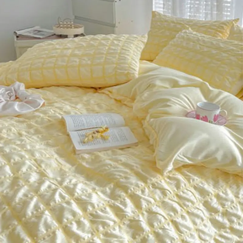 Girls Bubble Gauze Bedding Set Summer Cooling Soft Comforter Cover Kit Solid Color Skin Friendly Sleeping Naked Bedclothes