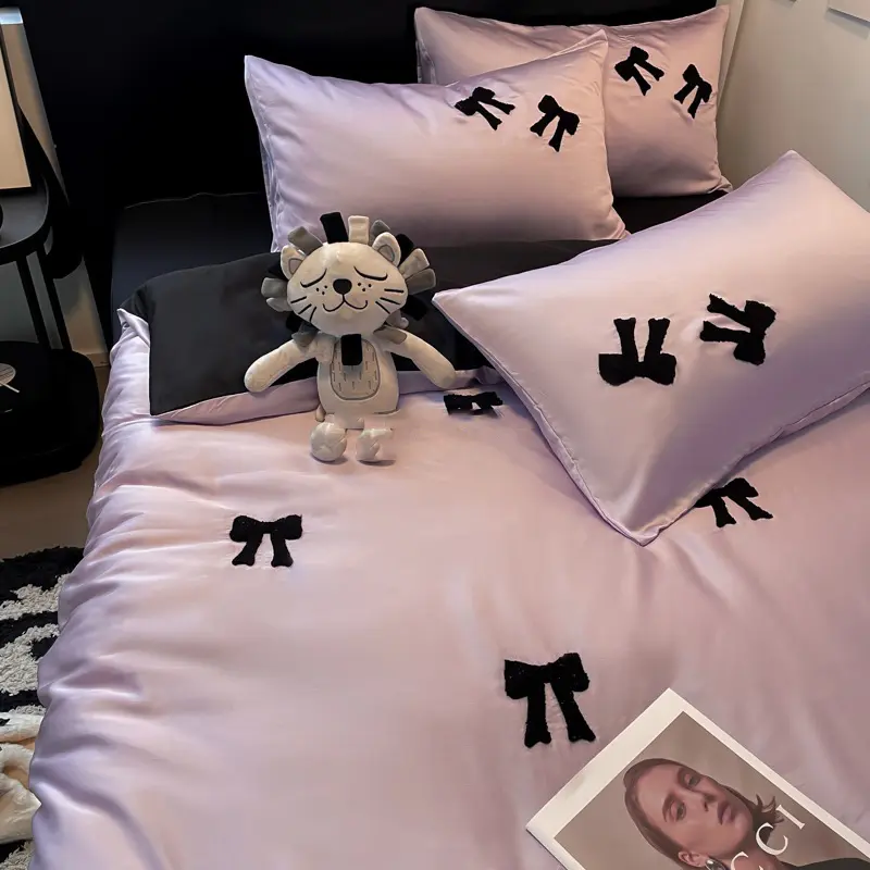 Nordic Style Rayon Silk Bow Embroidery Bedding Sets Ice Silk Duvet Covers Bed Sheet Pillowcases Queen/king Bedclothes for Summer