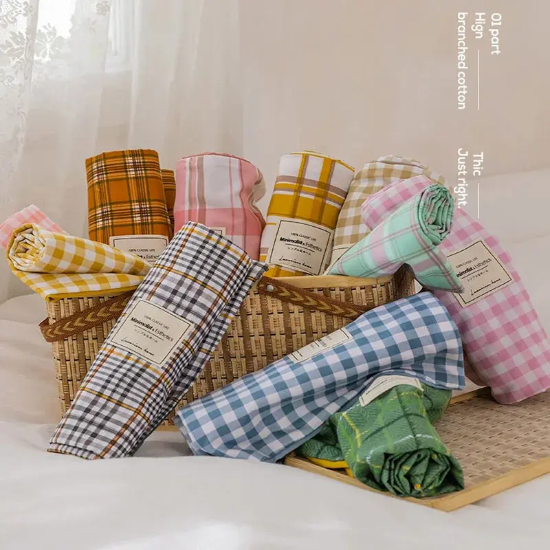Japanese Grid Printed Washed Cotton Quilt Cover Set Skin Friendly Breathable Bedding for All Seasons Queen King Bed Flat Sheet