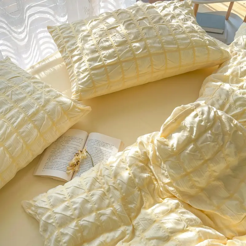 Girls Bubble Gauze Bedding Set Summer Cooling Soft Comforter Cover Kit Solid Color Skin Friendly Sleeping Naked Bedclothes