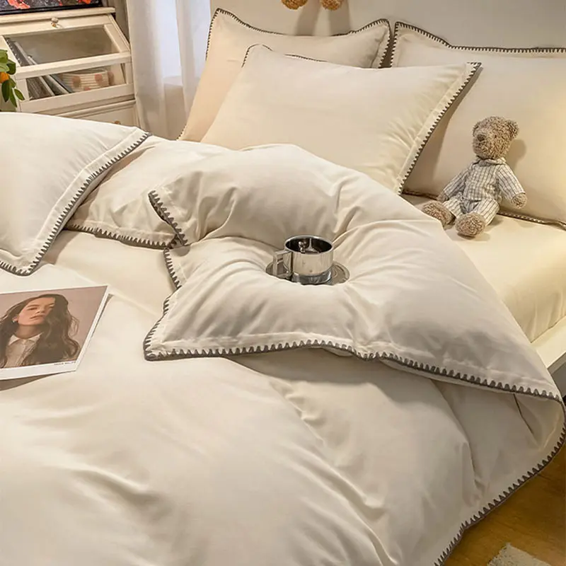 Solid Color Simple Bed Set with Shell Edge Class A Soft and Skin Friendly Not Fading Bedclothes Single Queen Size Bedding Sets