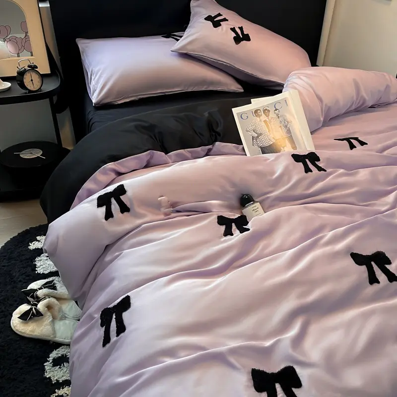 Nordic Style Rayon Silk Bow Embroidery Bedding Sets Ice Silk Duvet Covers Bed Sheet Pillowcases Queen/king Bedclothes for Summer