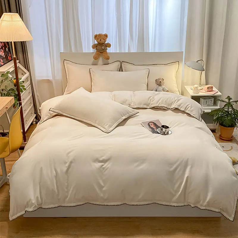 Solid Color Simple Bed Set with Shell Edge Class A Soft and Skin Friendly Not Fading Bedclothes Single Queen Size Bedding Sets