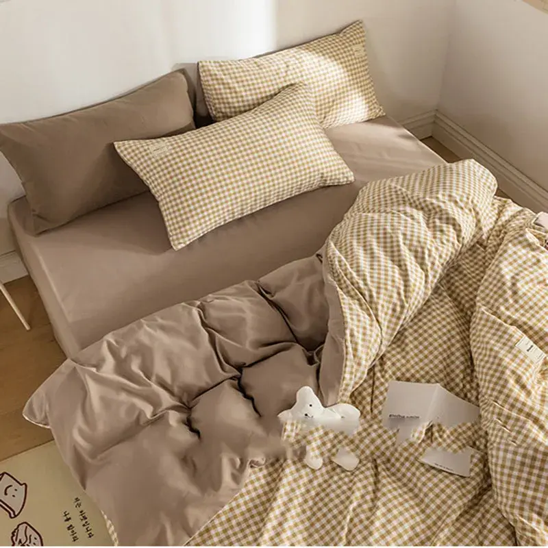 Japanese Grid Printed Washed Cotton Quilt Cover Set Skin Friendly Breathable Bedding for All Seasons Queen King Bed Flat Sheet