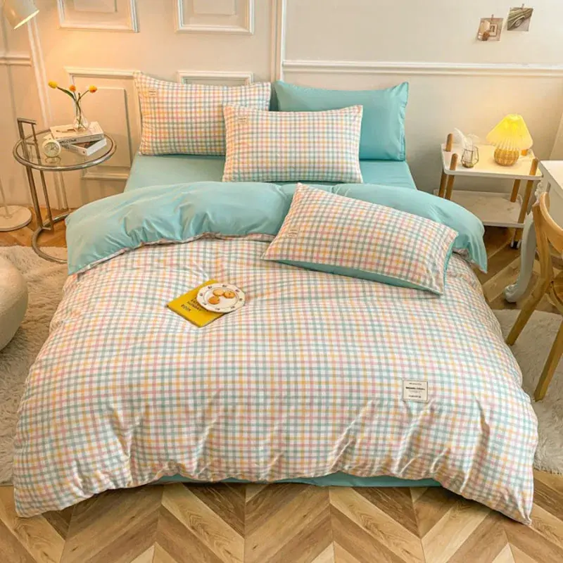 Japanese Grid Printed Washed Cotton Quilt Cover Set Skin Friendly Breathable Bedding for All Seasons Queen King Bed Flat Sheet