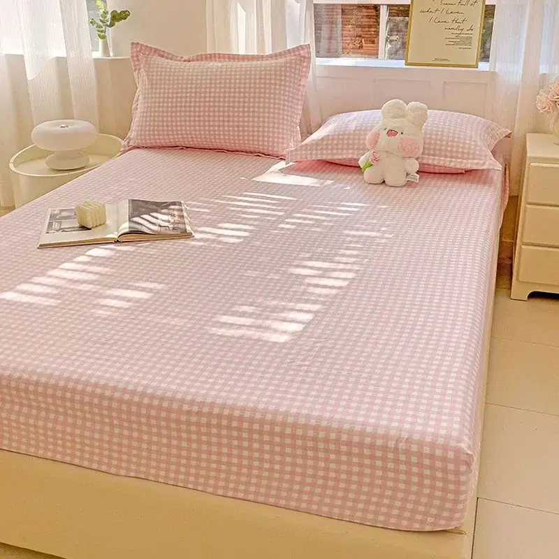 Simple Grid Pattern Washed Cotton Single Piece Bedsheet Skin Friendly Non Slip Bed Cover for Home Ultra Thin Breathable Mattress