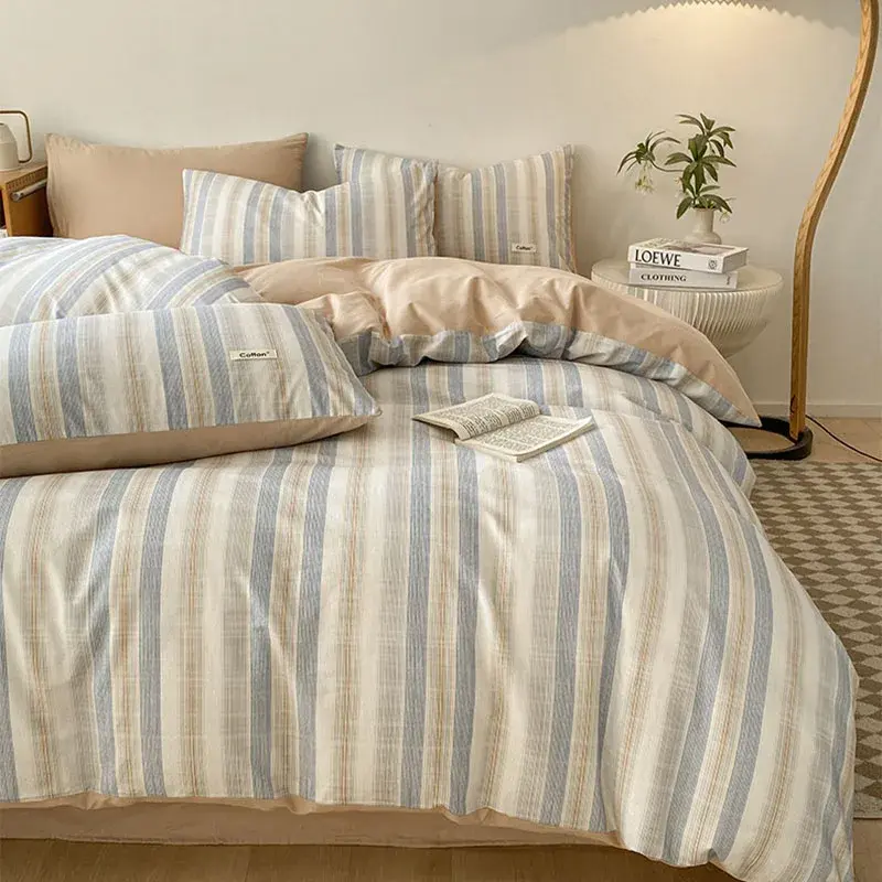 4Pcs Grid Printed Fitted Sheet Bedclothes Cotton Double-Sided Mix Color Soft Quilt Cover Single Double Comfort Set for Adults