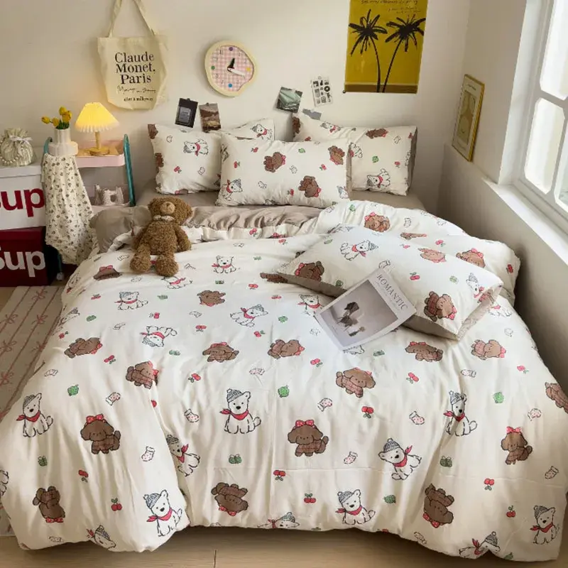 A-Class Washed Cotton Printed Comfort Set Four Piece Set Cartoon Style Nude Bed Sheet Bedding Lightweight Breathable Duvet Cover