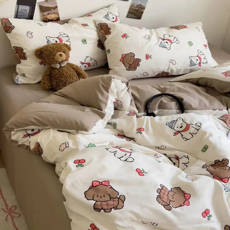 A-Class Washed Cotton Printed Comfort Set Four Piece Set Cartoon Style Nude Bed Sheet Bedding Lightweight Breathable Duvet Cover