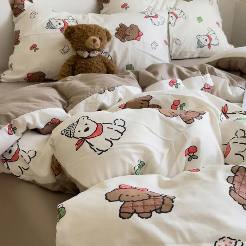 A-Class Washed Cotton Printed Comfort Set Four Piece Set Cartoon Style Nude Bed Sheet Bedding Lightweight Breathable Duvet Cover