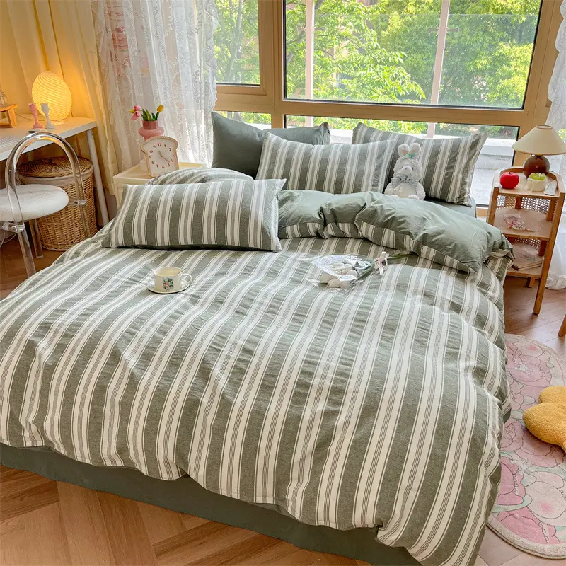 Class A 100% Cotton Striped Bedding Sets Yarn Dyed Washed Cotton Breathable Duvet Cover Kit Single Bedclothes for All Seasons