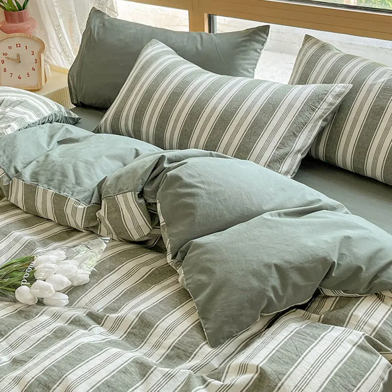 Class A 100% Cotton Striped Bedding Sets Yarn Dyed Washed Cotton Breathable Duvet Cover Kit Single Bedclothes for All Seasons