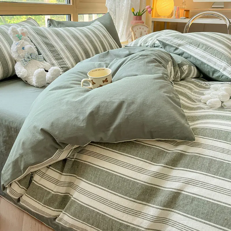 Class A 100% Cotton Striped Bedding Sets Yarn Dyed Washed Cotton Breathable Duvet Cover Kit Single Bedclothes for All Seasons