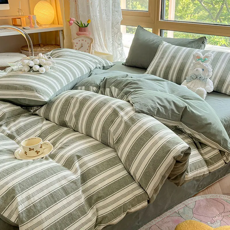 Class A 100% Cotton Striped Bedding Sets Yarn Dyed Washed Cotton Breathable Duvet Cover Kit Single Bedclothes for All Seasons