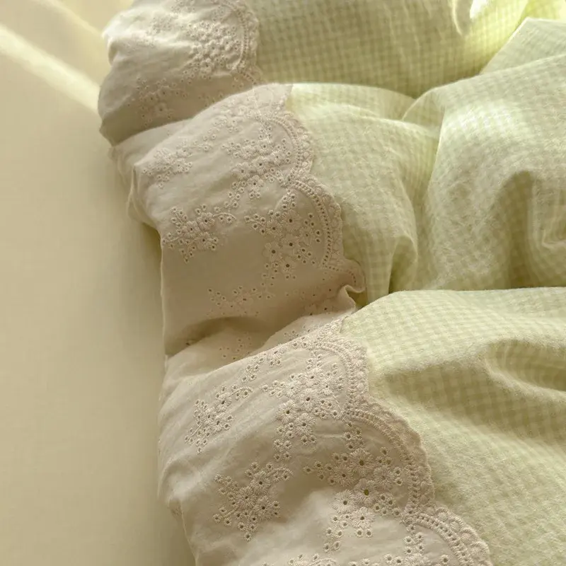 French Super Soft Bedding Sets with Lace Skin-Friendly Washed Cotton Quilt Cover for Adults King Queen Bed Clothes for Spring