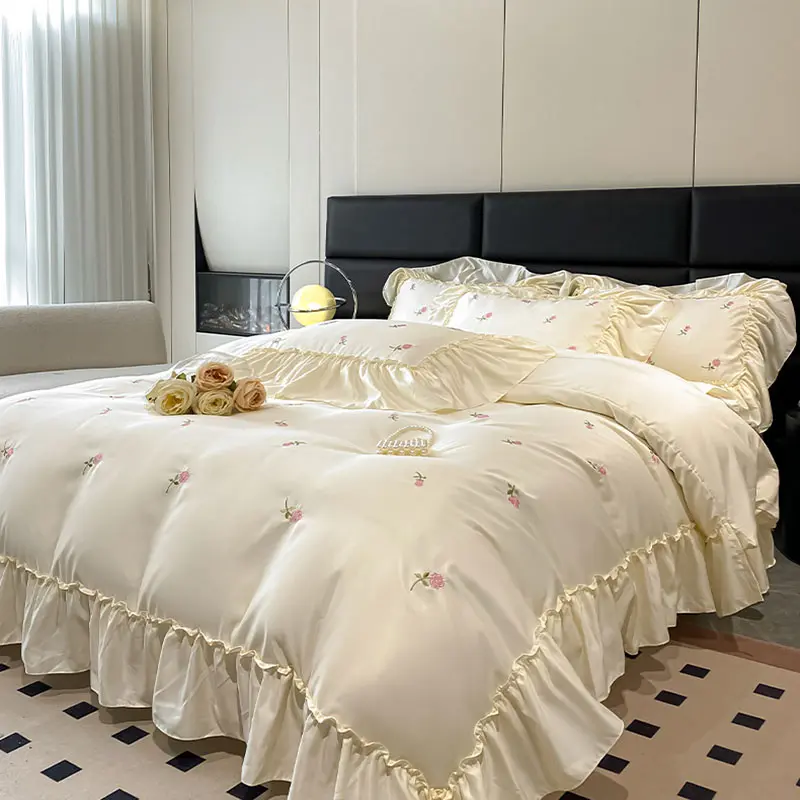 Ice Rayon Embroidered Bedding Sets with Lace Cooling Silky Cozy Comforter Set for Summer Naked Bed Linens for Home Dormitory